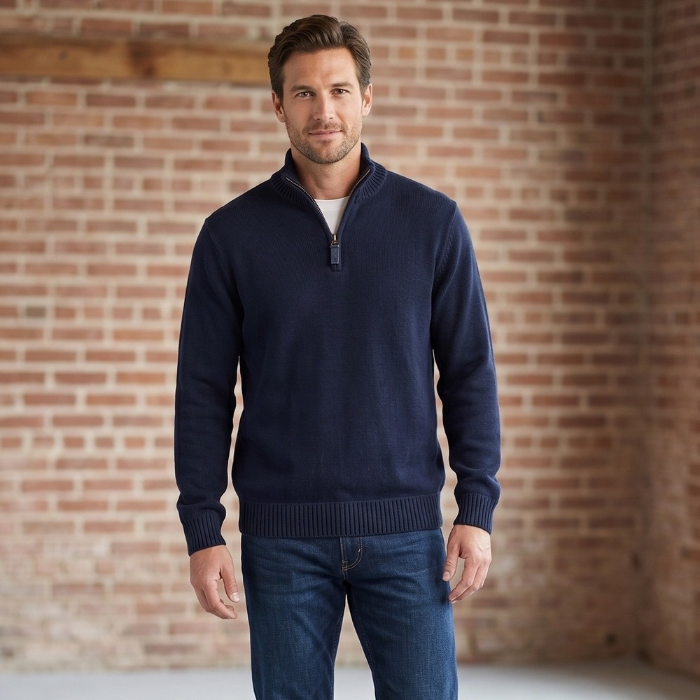 Eddie Bauer Mens Large Navy Blue Sweater 1/4 Zip Cotton Mock Neck Outdoor Ribbed
